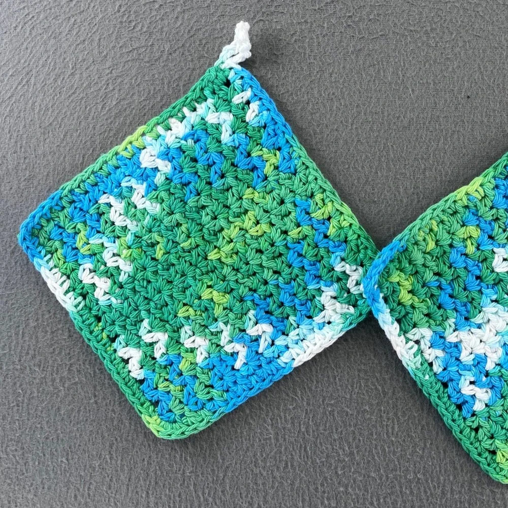 Handmade Dishcloth Cotton Variegated Blue Green 6.5in Cottagecore 3pc Set
